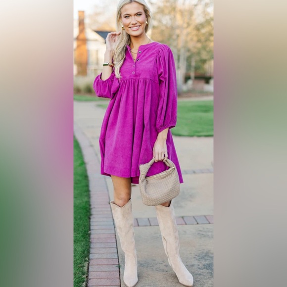 Mint Julep Boutique Dresses & Skirts - Magenta Corduroy Short Babydoll Dress | Large | Long Sleeves | NWT